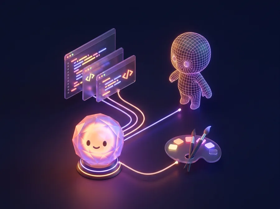 AI 코어가 코드 창, 3D 캐릭터, 팔레트와 연결된 일러스트